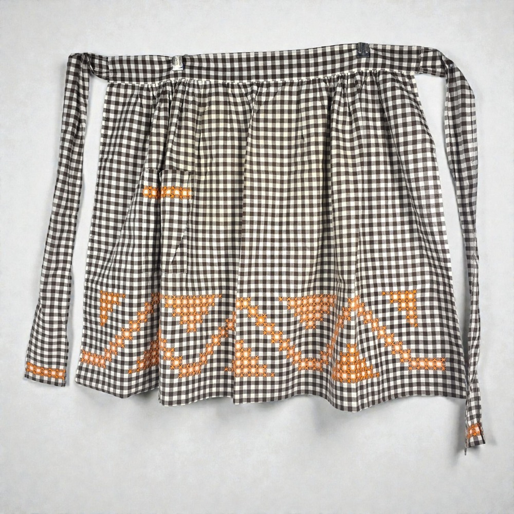 Vtg Brown Gingham Half Apron Checkered Embroidery Pocket Granny Cottage‎ Retro